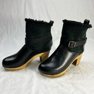 Sven Black Leather Shearling Ankle Booties with High Heel